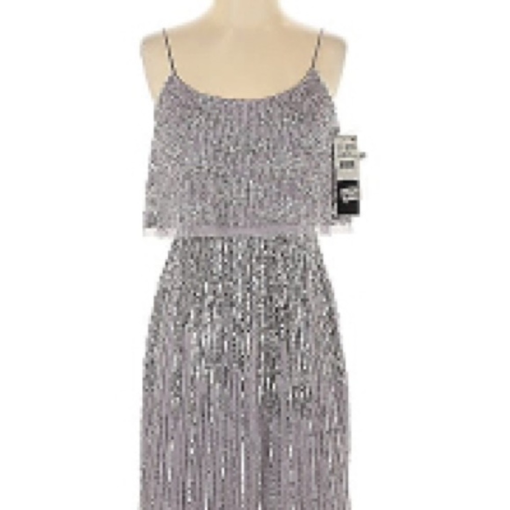 NWT Aidan Mattox  Silver Sequin beaded  Tiered Cocktail  Dress